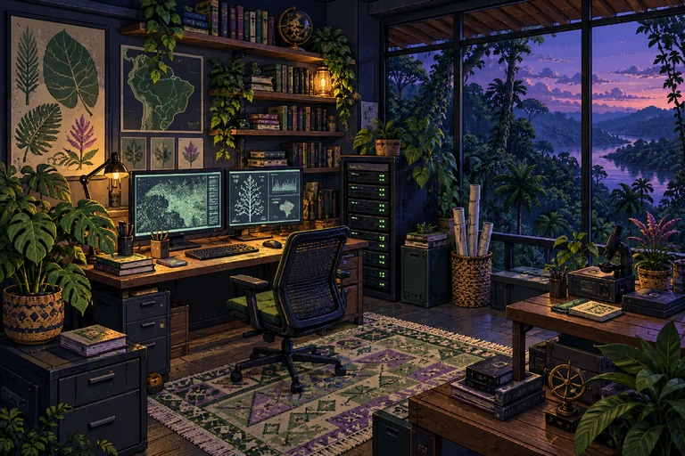 Laboratório de computação em pixel art, com computadores, livros e vegetação amazônica